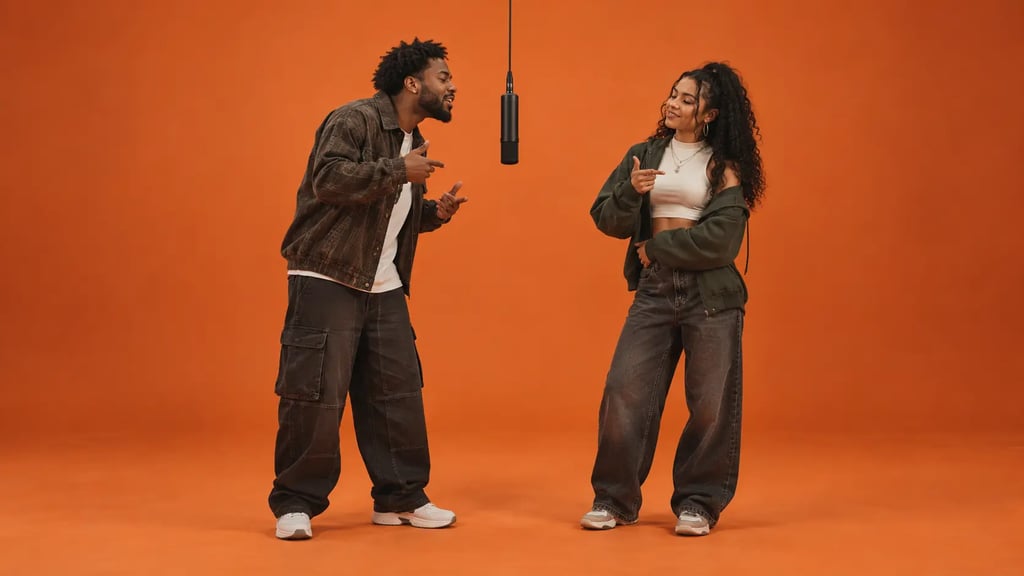 A man and a woman exchanging hand gestures beside a hanging microphone in an orange studio