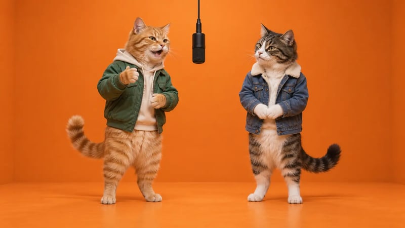 An orange tabby cat in a green jacket and a gray-and-white tabby cat in a denim jacket on either side of a hanging microphone in an orange studio
