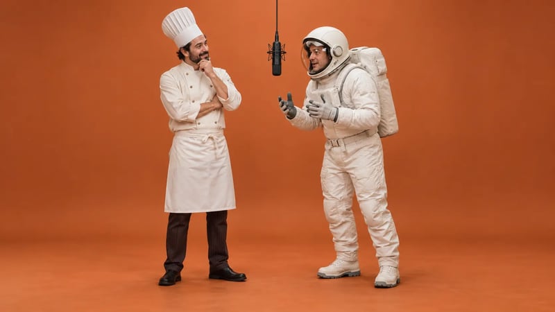 A chef in a white hat and an astronaut in a spacesuit facing each other beside a hanging microphone in an orange studio